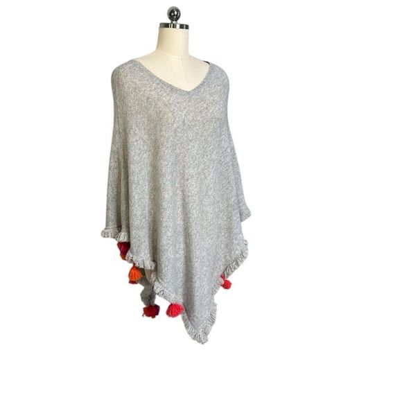 Beryll Light Gray 100% Cashmere Poncho with Pom Poms| OS - Picture 5 of 8